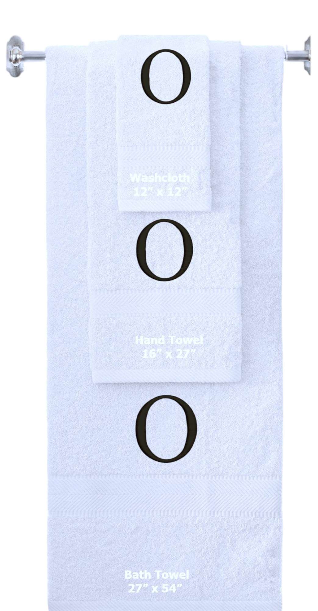 White monogrammed towel set with Black thread, Times New Roman font, initial O - 540 GSM cotton 3-piece