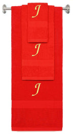 Red monogrammed towel set with Gold thread, Chancery font, initial J - 540 GSM cotton 3-piece