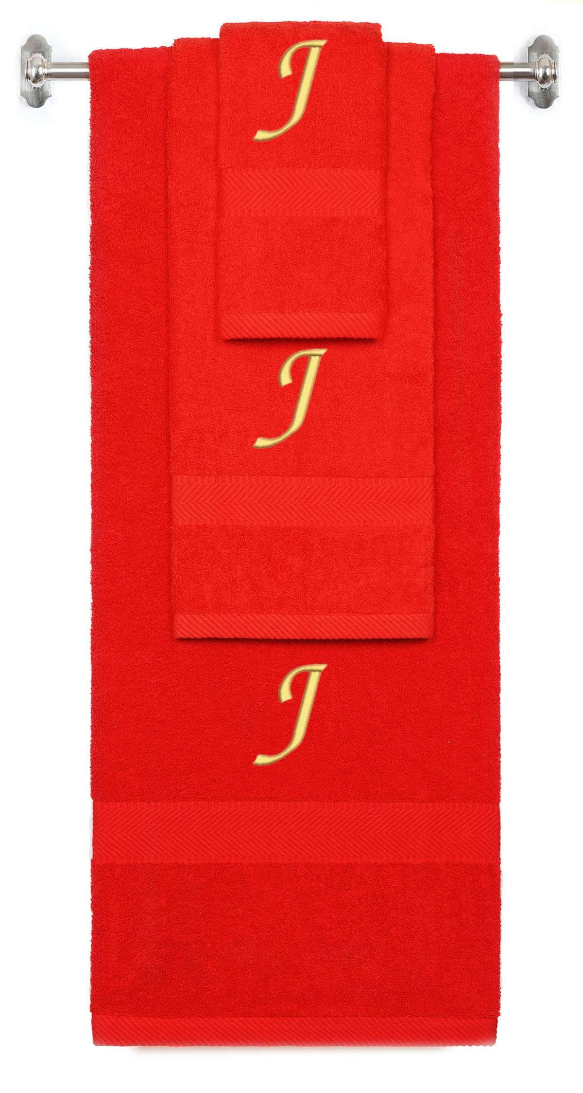 Red monogrammed towel set with Gold thread, Chancery font, initial J - 540 GSM cotton 3-piece