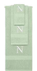 Mint Green monogrammed towel set with White thread, Times New Roman font, initial N - 540 GSM cotton 3-piece