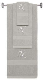 Silver monogrammed towel set with White thread, Chancery font, initial N - 540 GSM cotton 3-piece