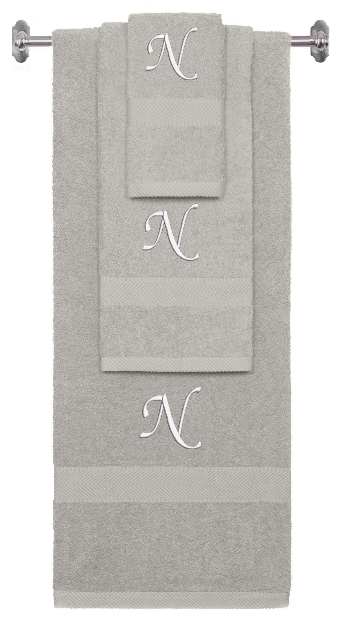 Silver monogrammed towel set with White thread, Chancery font, initial N - 540 GSM cotton 3-piece