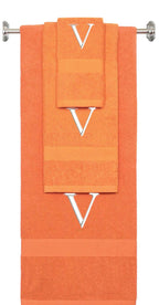 Orange monogrammed towel set with White thread, Times New Roman font, initial V - 540 GSM cotton 3-piece