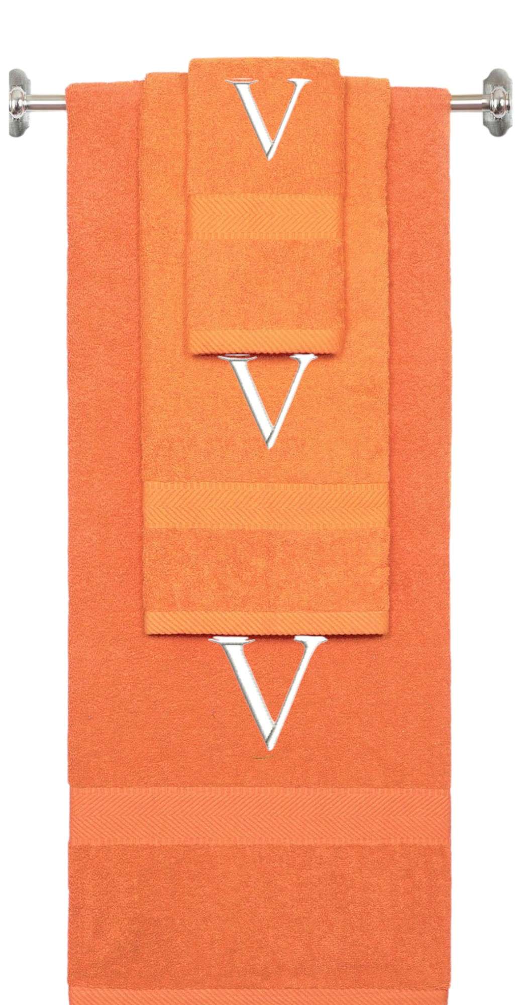 Orange monogrammed towel set with White thread, Times New Roman font, initial V - 540 GSM cotton 3-piece