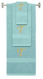 Nautical Teal monogrammed towel set with Gold thread, Chancery font, initial T - 540 GSM cotton 3-piece