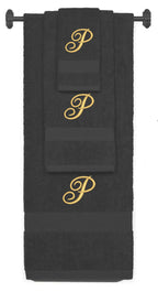 Charcoal monogrammed towel set with Gold thread, Diana Script font, initial P - 540 GSM cotton 3-piece