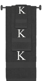 Charcoal monogrammed towel set with White thread, Times New Roman font, initial K - 540 GSM cotton 3-piece