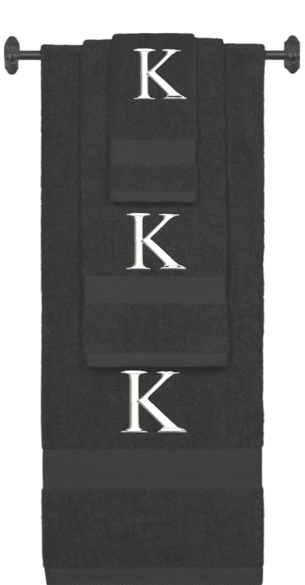 Charcoal monogrammed towel set with White thread, Times New Roman font, initial K - 540 GSM cotton 3-piece