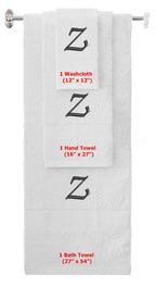 White monogrammed towel set with Black thread, Chancery font, initial Z - 540 GSM cotton 3-piece
