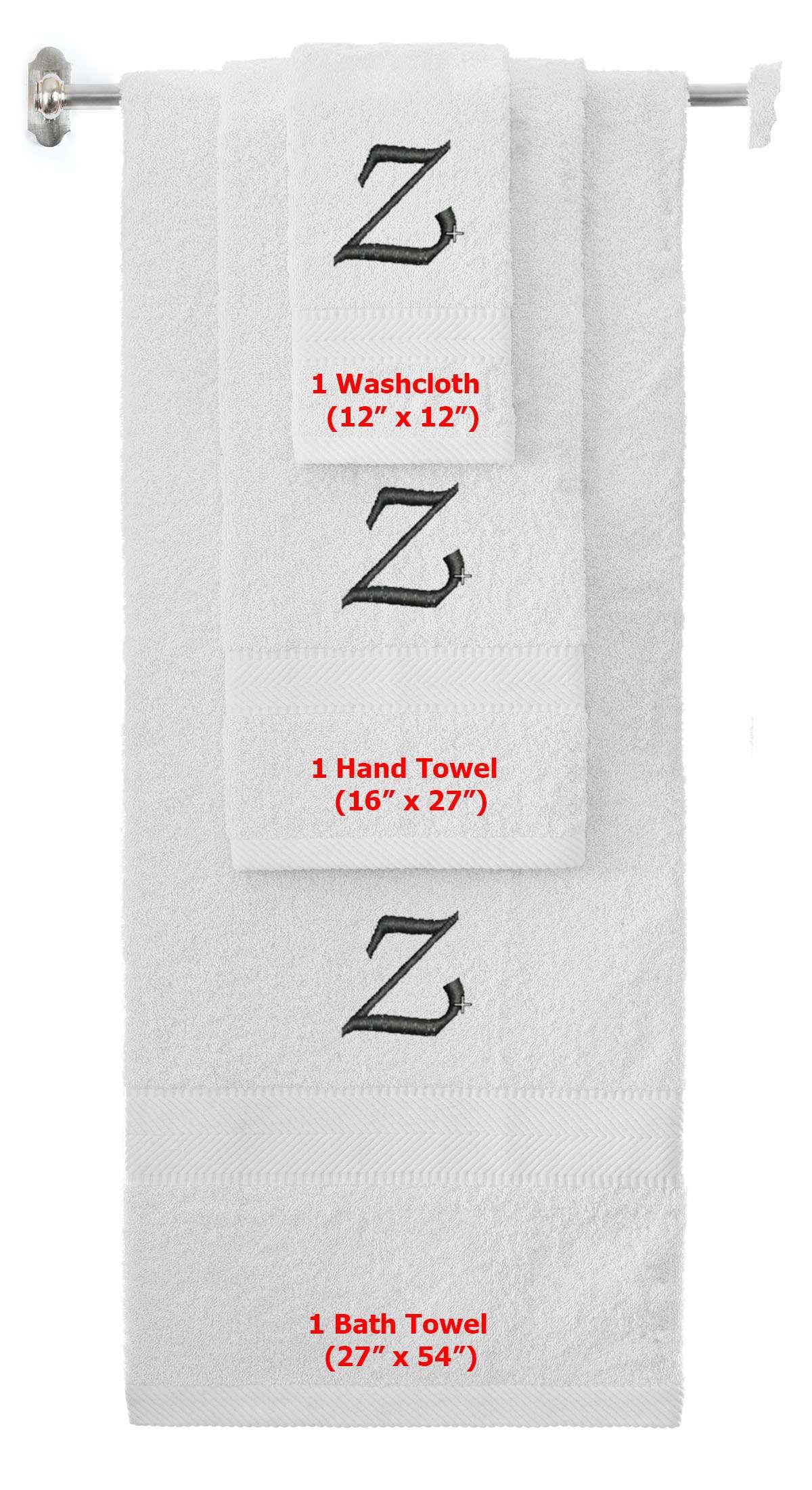 White monogrammed towel set with Black thread, Chancery font, initial Z - 540 GSM cotton 3-piece