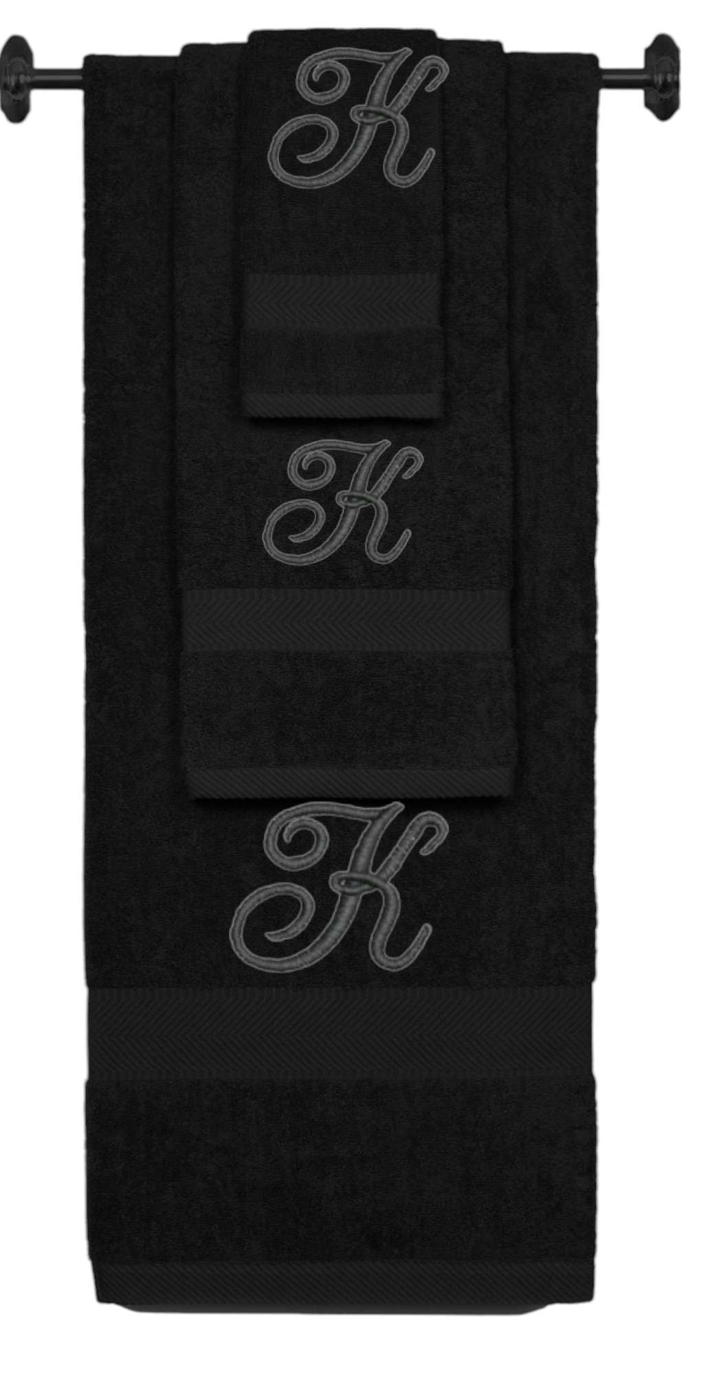 Black monogrammed towel set with Black thread, Diana Script font, initial K - 540 GSM cotton 3-piece