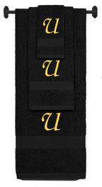 Black monogrammed towel set with Gold thread, Chancery font, initial U - 540 GSM cotton 3-piece