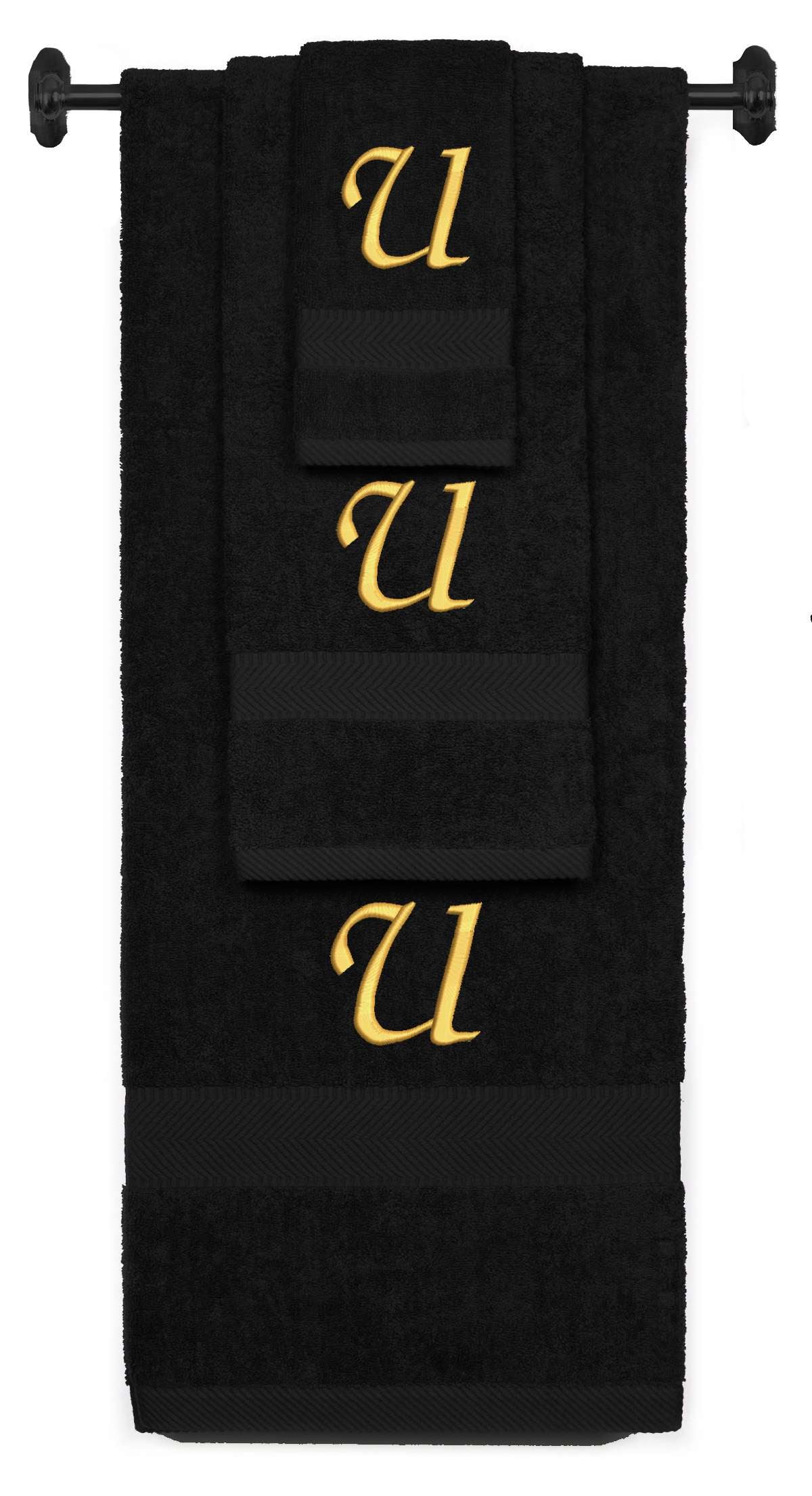 Black monogrammed towel set with Gold thread, Chancery font, initial U - 540 GSM cotton 3-piece