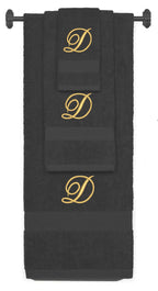 Charcoal monogrammed towel set with Gold thread, Diana Script font, initial D - 540 GSM cotton 3-piece