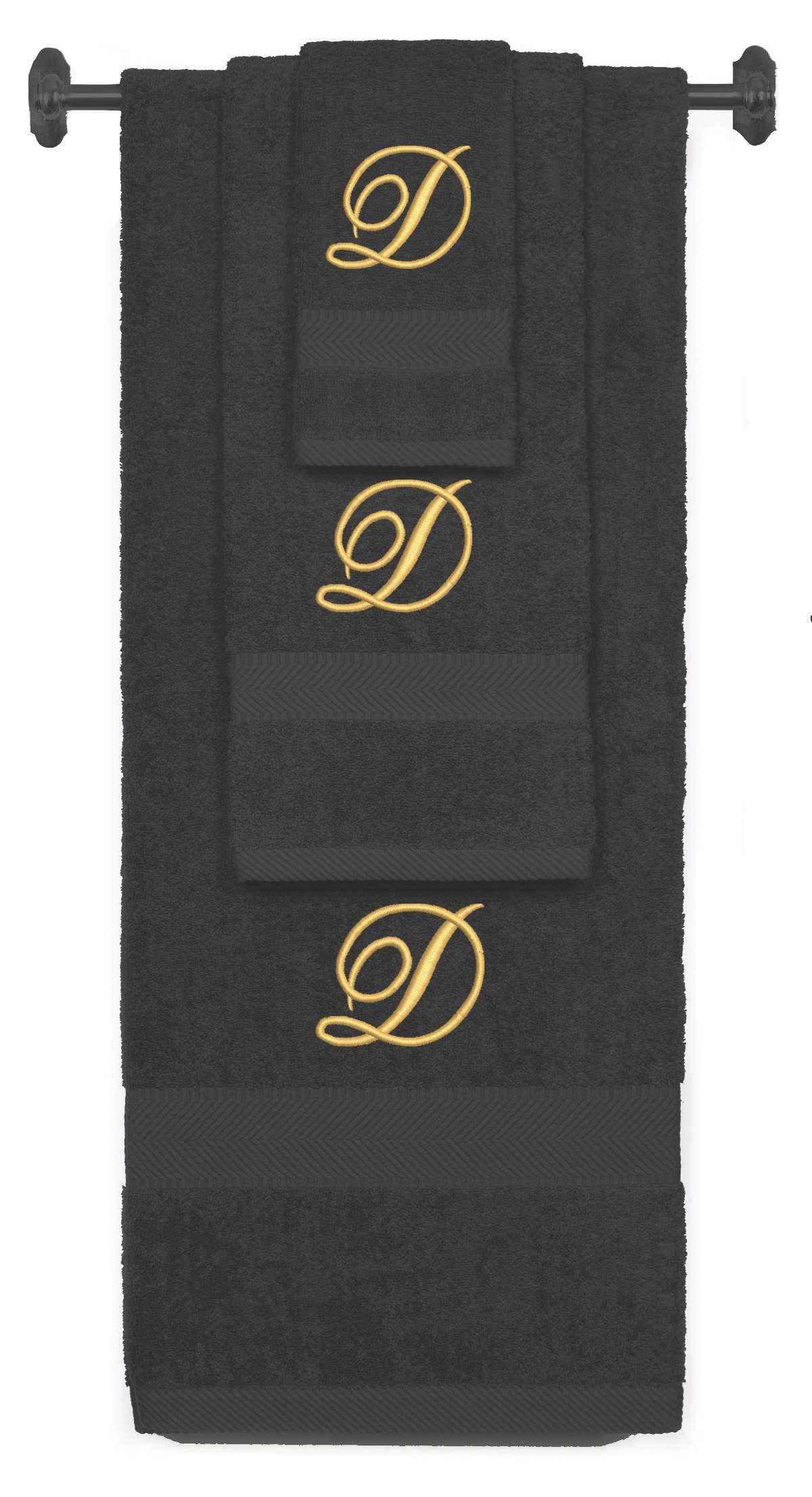 Charcoal monogrammed towel set with Gold thread, Diana Script font, initial D - 540 GSM cotton 3-piece
