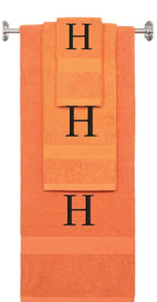 Orange monogrammed towel set with Black thread, Times New Roman font, initial H - 540 GSM cotton 3-piece