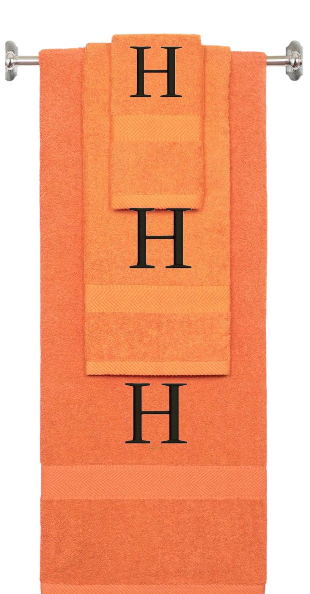 Orange monogrammed towel set with Black thread, Times New Roman font, initial H - 540 GSM cotton 3-piece