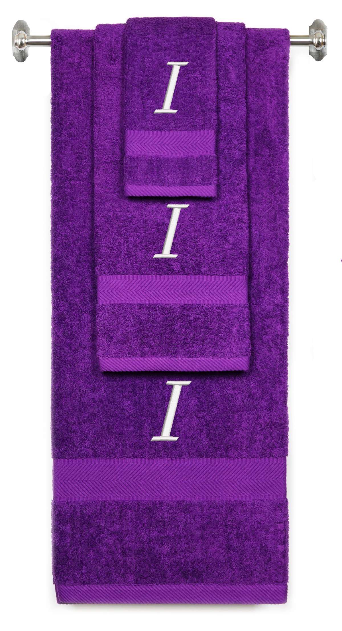 Purple monogrammed towel set with White thread, Chancery font, initial I - 540 GSM cotton 3-piece