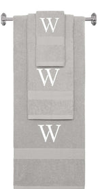 Silver monogrammed towel set with White thread, Times New Roman font, initial W - 540 GSM cotton 3-piece