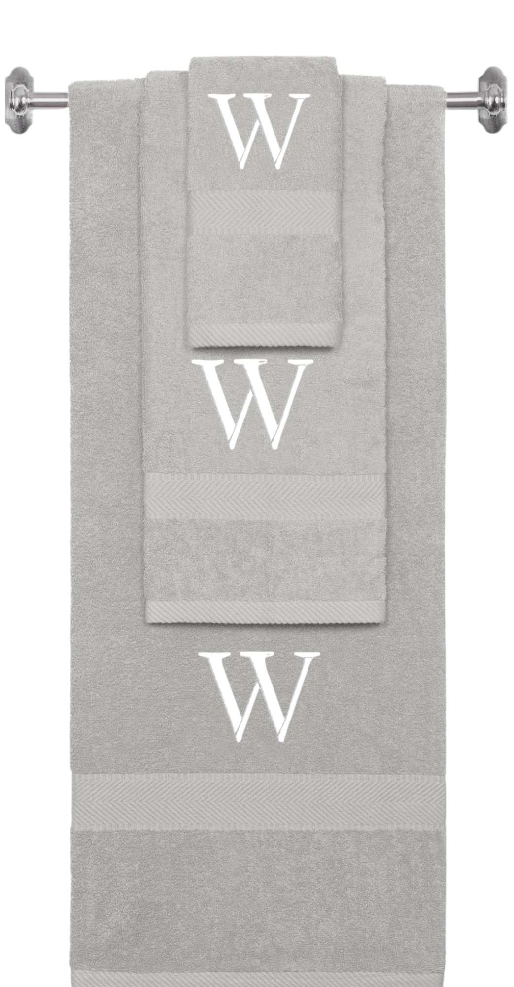Silver monogrammed towel set with White thread, Times New Roman font, initial W - 540 GSM cotton 3-piece