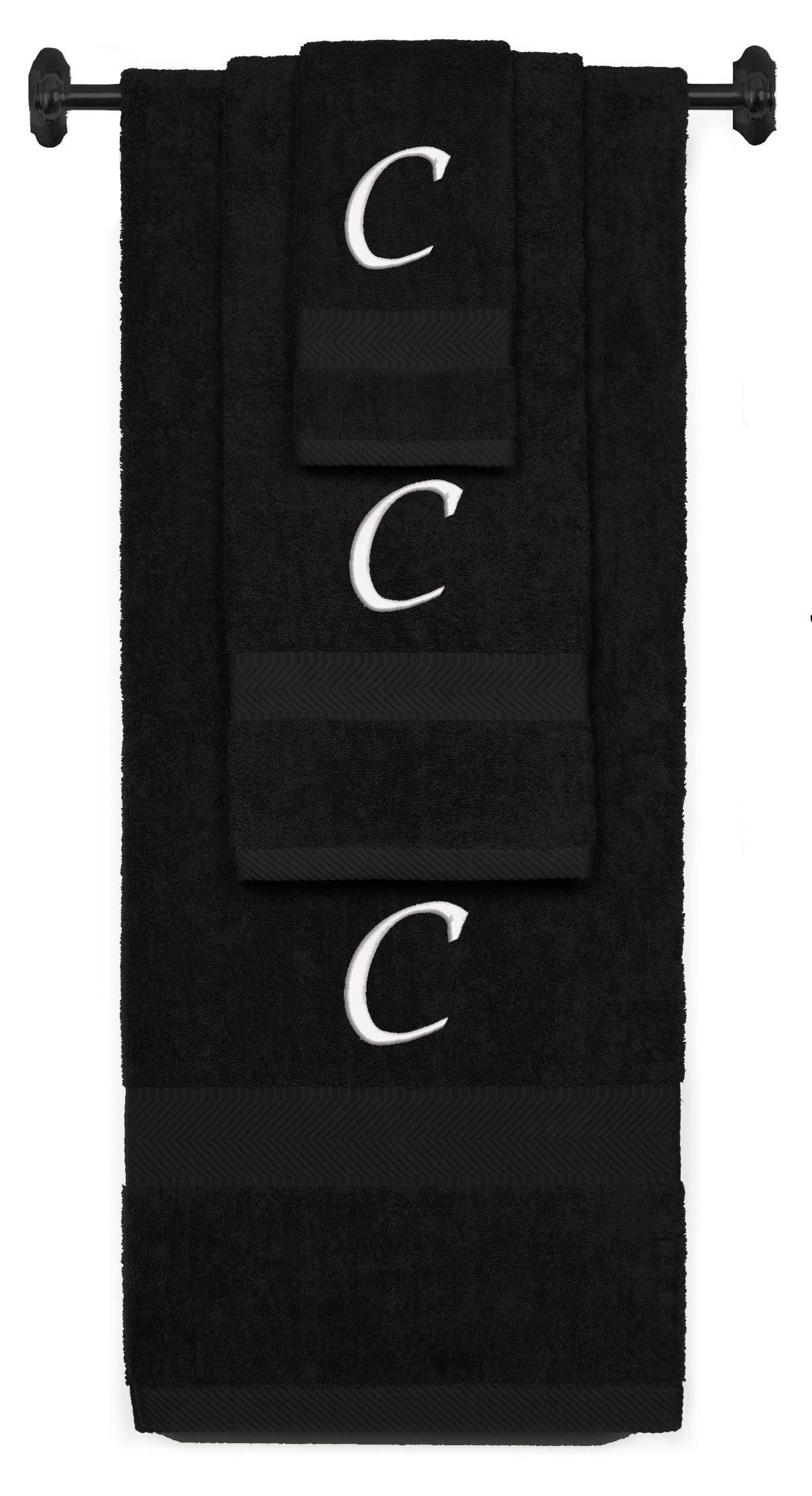 Black monogrammed towel set with White thread, Chancery font, initial C - 540 GSM cotton 3-piece