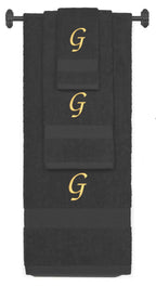 Charcoal monogrammed towel set with Gold thread, Chancery font, initial G - 540 GSM cotton 3-piece