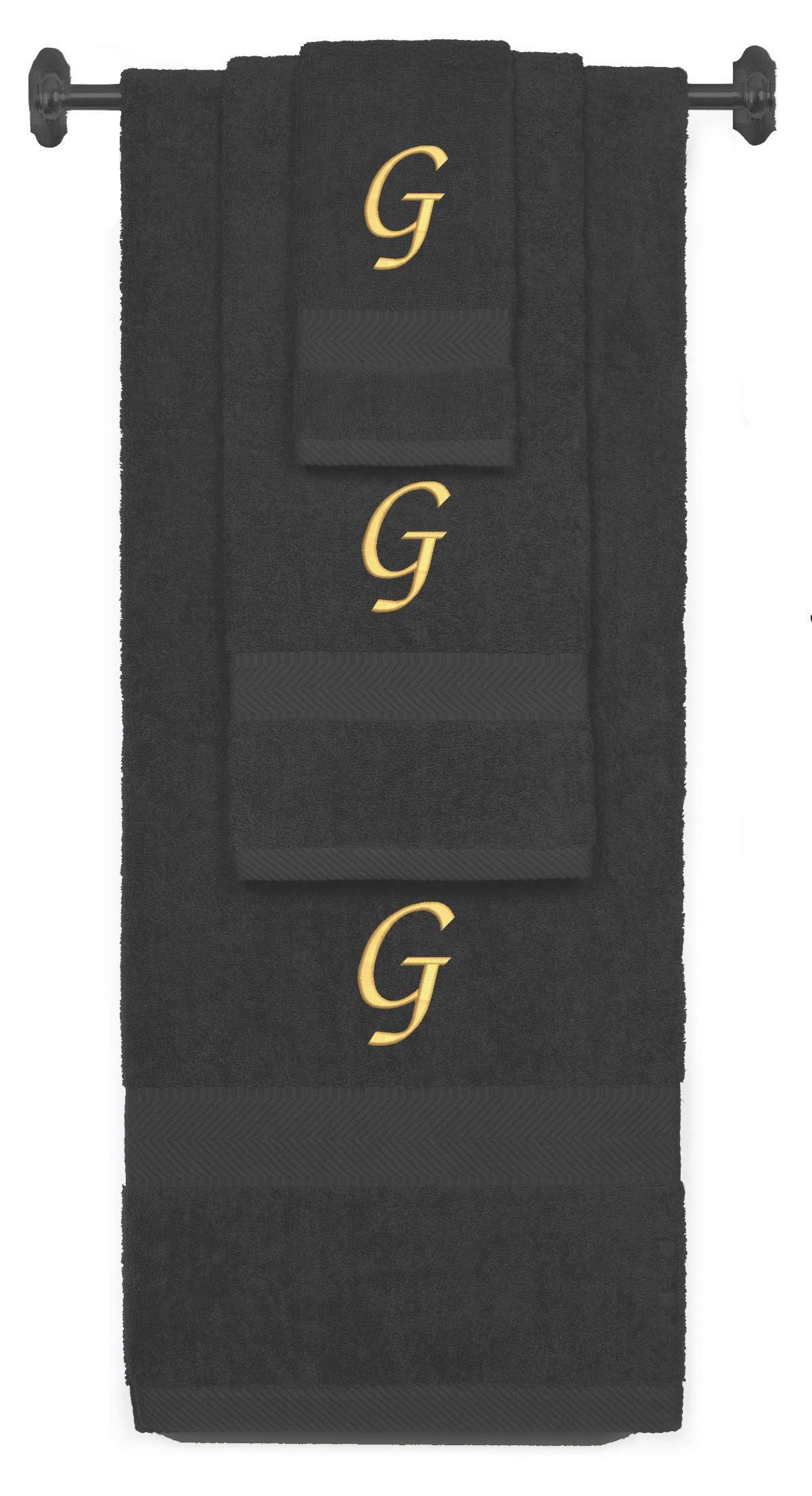 Charcoal monogrammed towel set with Gold thread, Chancery font, initial G - 540 GSM cotton 3-piece
