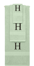Mint Green monogrammed towel set with Black thread, Times New Roman font, initial H - 540 GSM cotton 3-piece