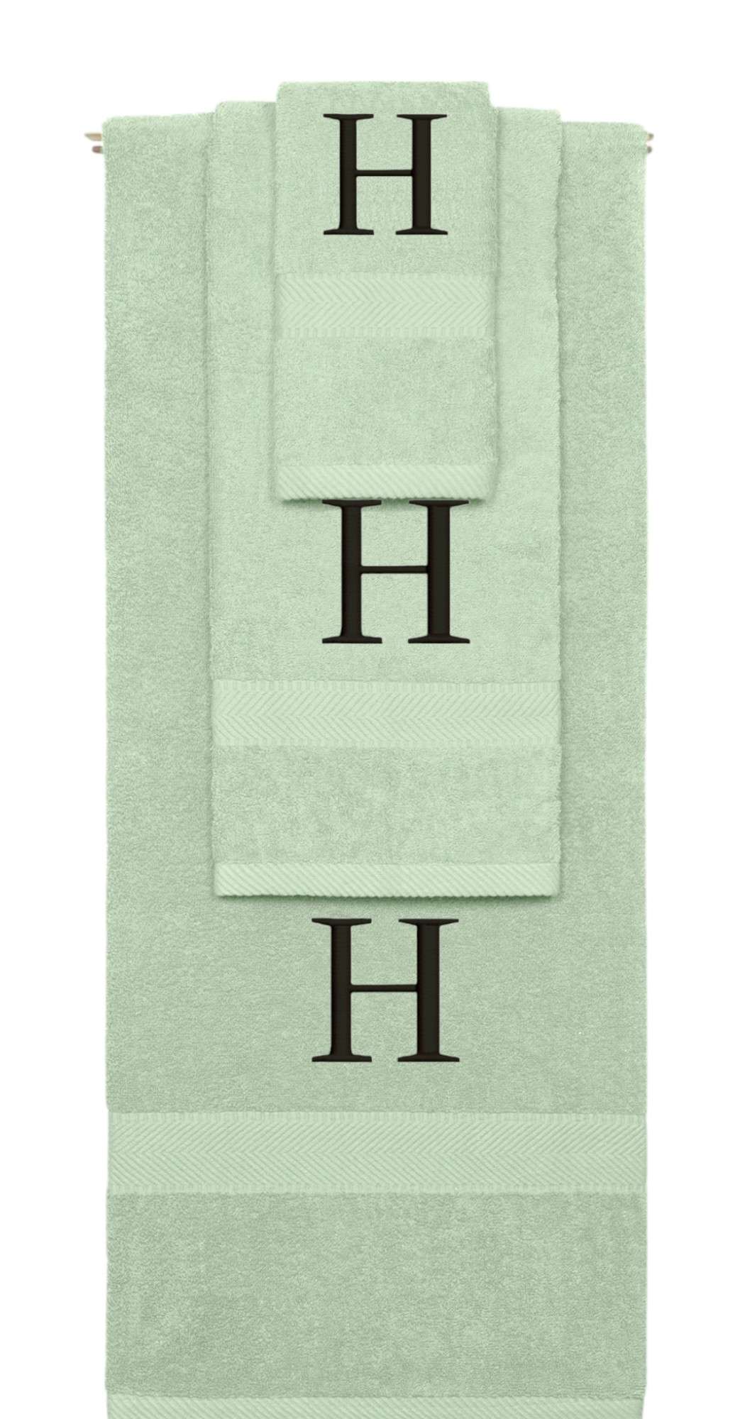 Mint Green monogrammed towel set with Black thread, Times New Roman font, initial H - 540 GSM cotton 3-piece