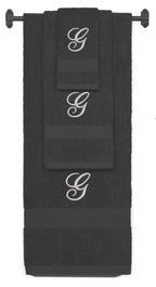 Charcoal monogrammed towel set with Silver thread, Diana Script font, initial G - 540 GSM cotton 3-piece