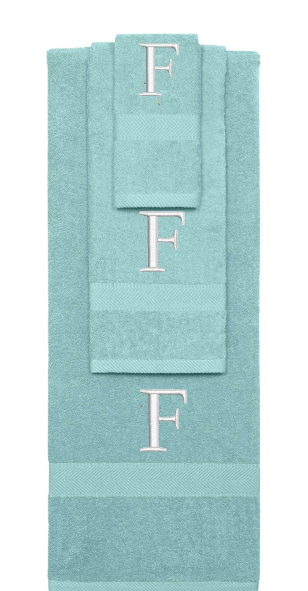 Nautical Teal monogrammed towel set with Silver thread, Times New Roman font, initial F - 540 GSM cotton 3-piece