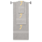 Silver monogrammed towel set with Gold thread, Diana Script font, initial J - 540 GSM cotton 3-piece