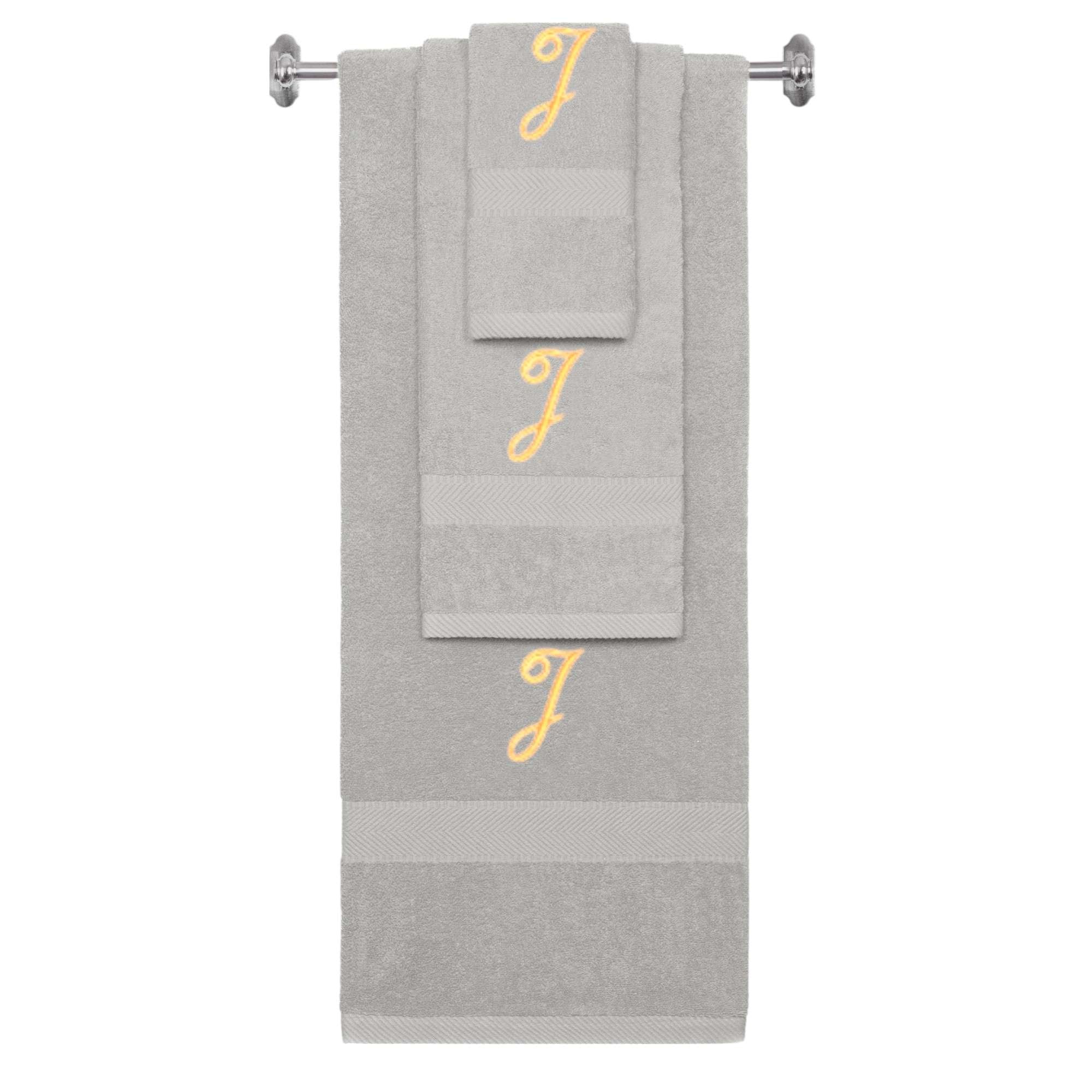 Silver monogrammed towel set with Gold thread, Diana Script font, initial J - 540 GSM cotton 3-piece