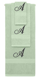 Mint Green monogrammed towel set with Black thread, Diana Script font, initial A - 540 GSM cotton 3-piece