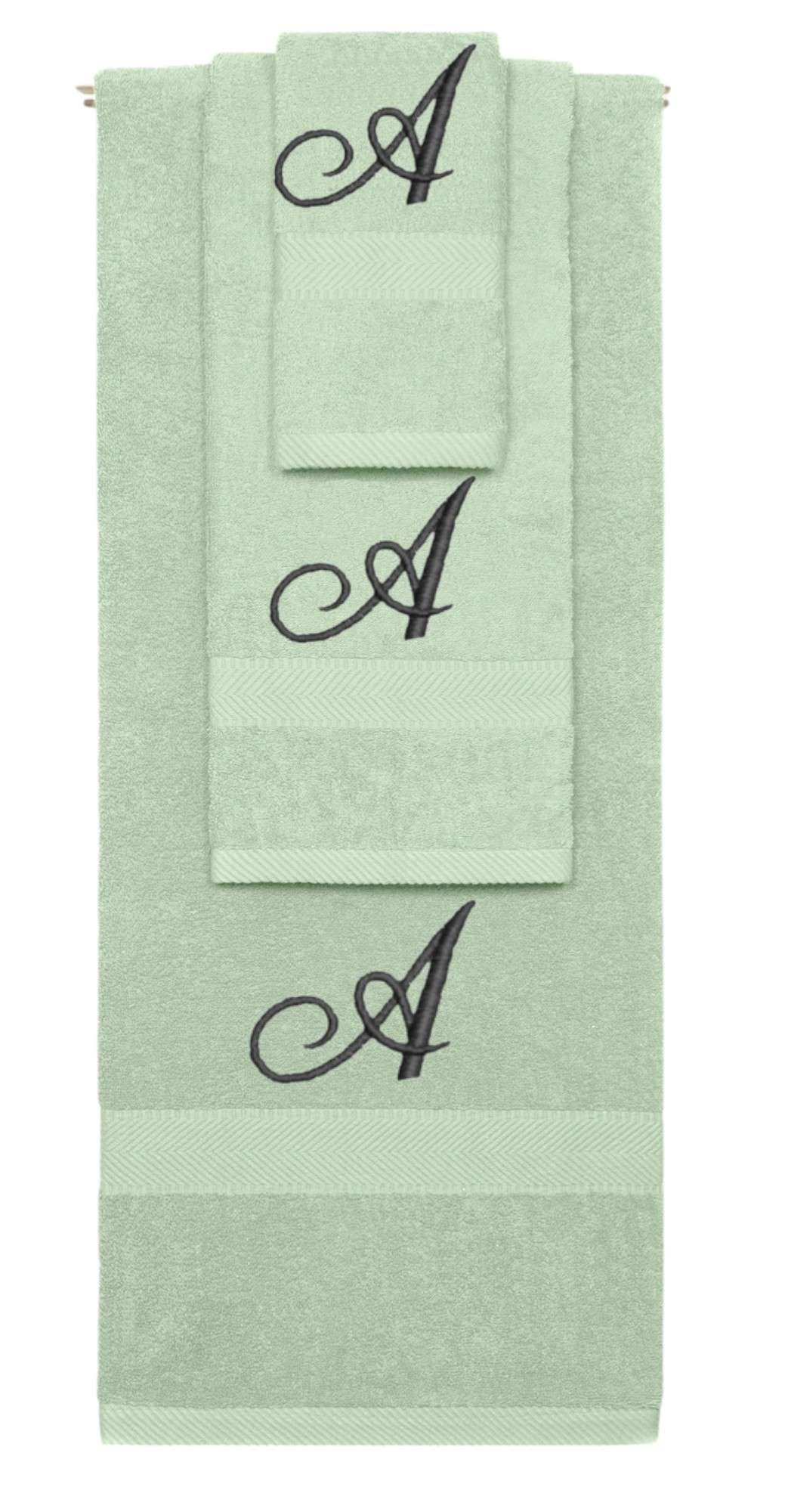 Mint Green monogrammed towel set with Black thread, Diana Script font, initial A - 540 GSM cotton 3-piece