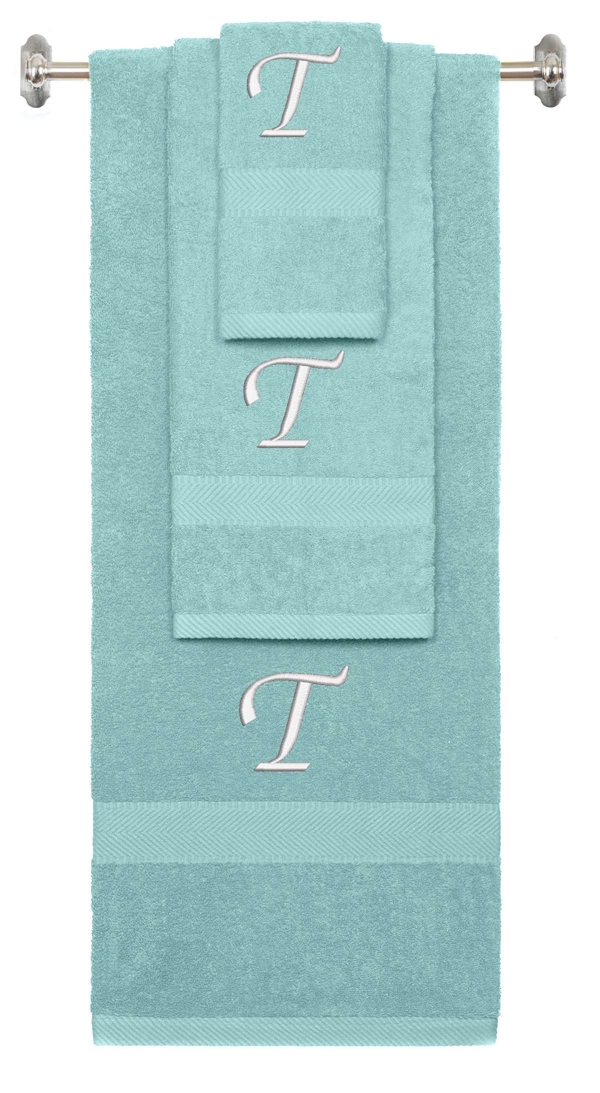 Nautical Teal monogrammed towel set with White thread, Chancery font, initial T - 540 GSM cotton 3-piece