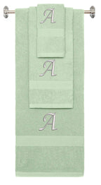 Mint Green monogrammed towel set with Silver thread, Chancery font, initial A - 540 GSM cotton 3-piece