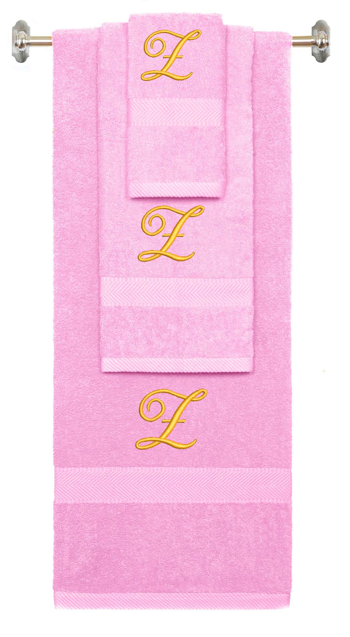 Pink monogrammed towel set with Gold thread, Diana Script font, initial Z - 540 GSM cotton 3-piece