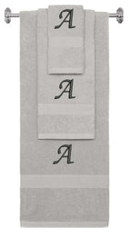 Silver monogrammed towel set with Black thread, Chancery font, initial A - 540 GSM cotton 3-piece