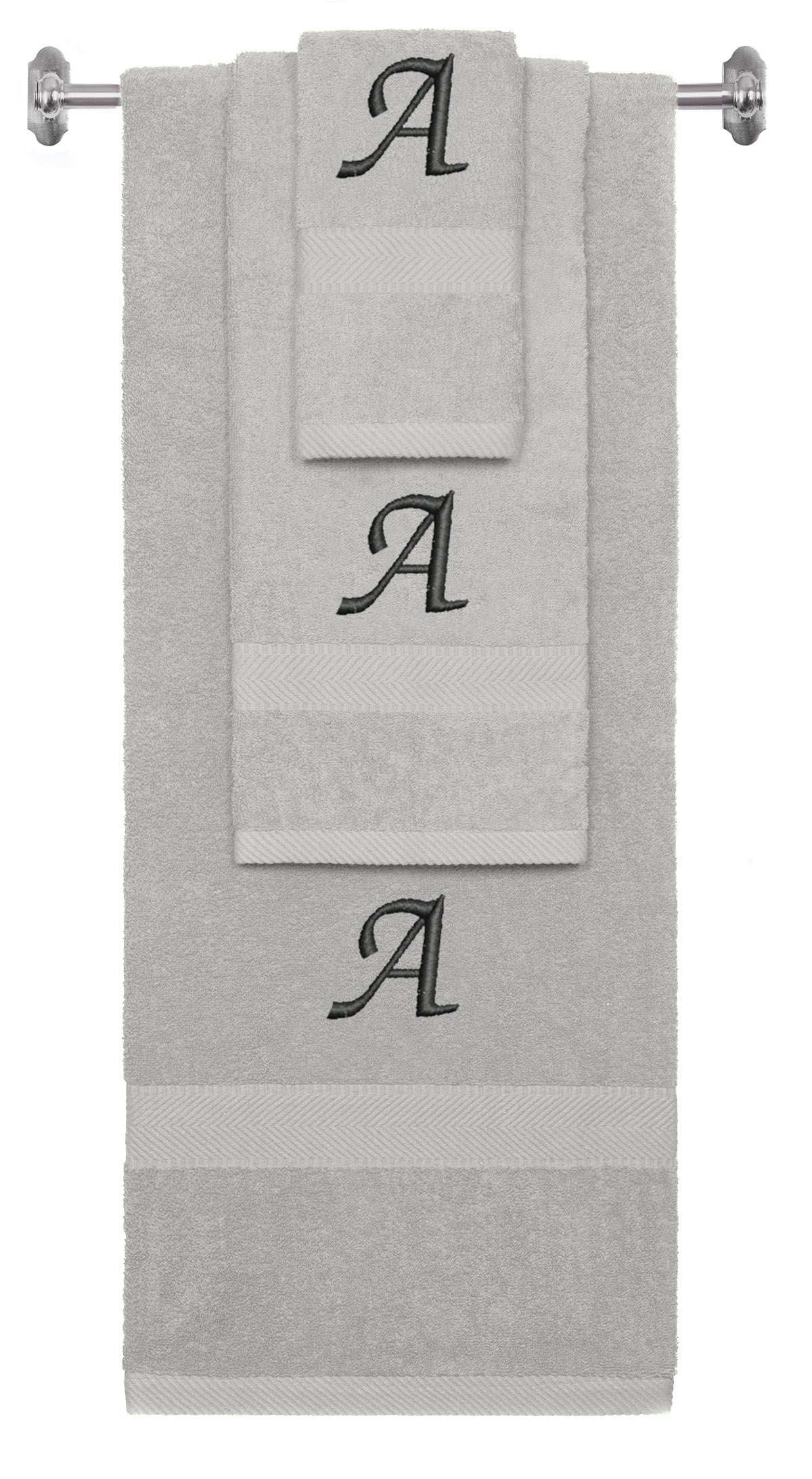 Silver monogrammed towel set with Black thread, Chancery font, initial A - 540 GSM cotton 3-piece