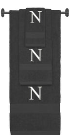 Charcoal monogrammed towel set with White thread, Times New Roman font, initial N - 540 GSM cotton 3-piece
