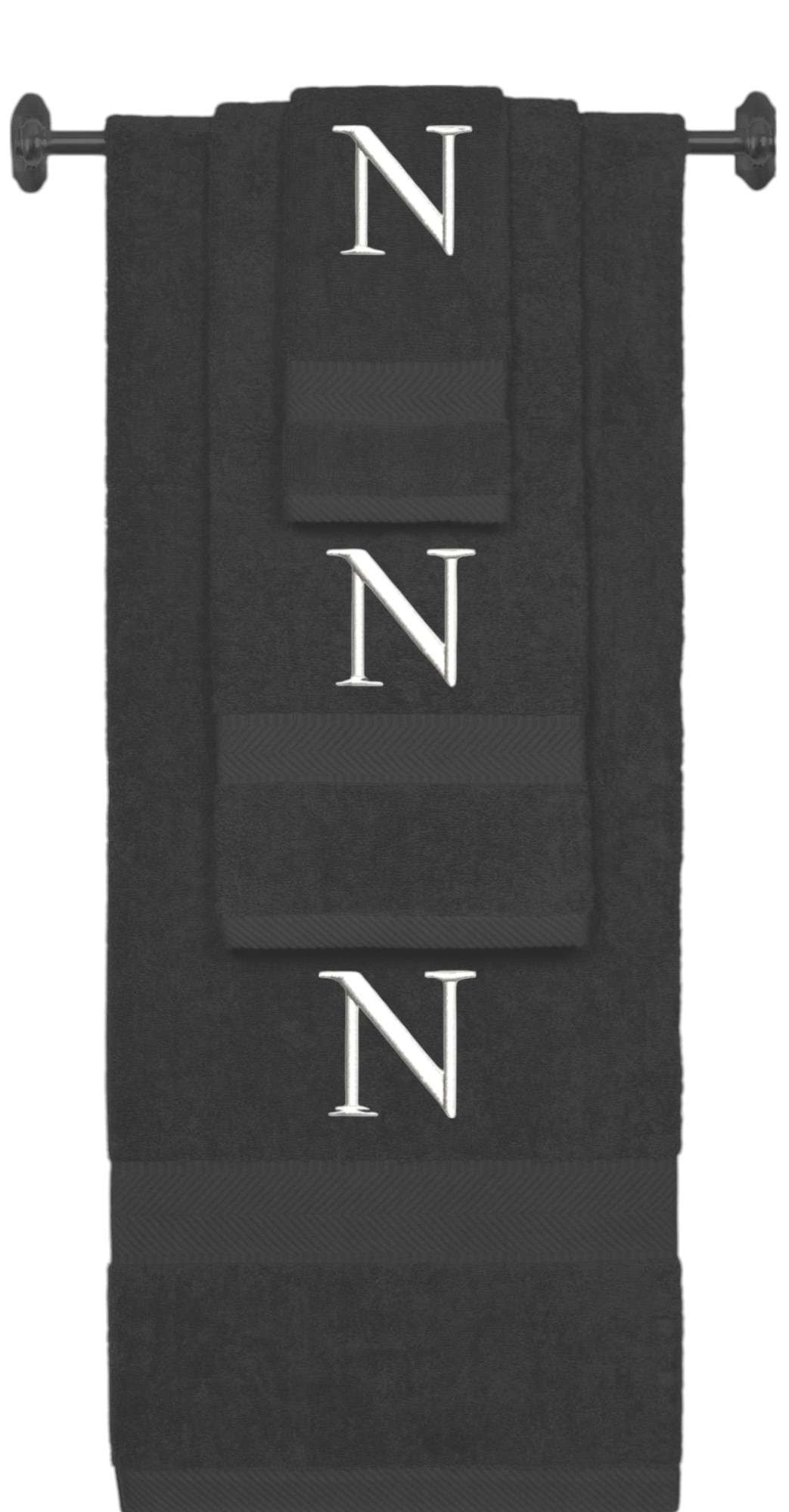 Charcoal monogrammed towel set with White thread, Times New Roman font, initial N - 540 GSM cotton 3-piece