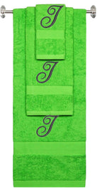 Lime monogrammed towel set with Black thread, Diana Script font, initial I - 540 GSM cotton 3-piece