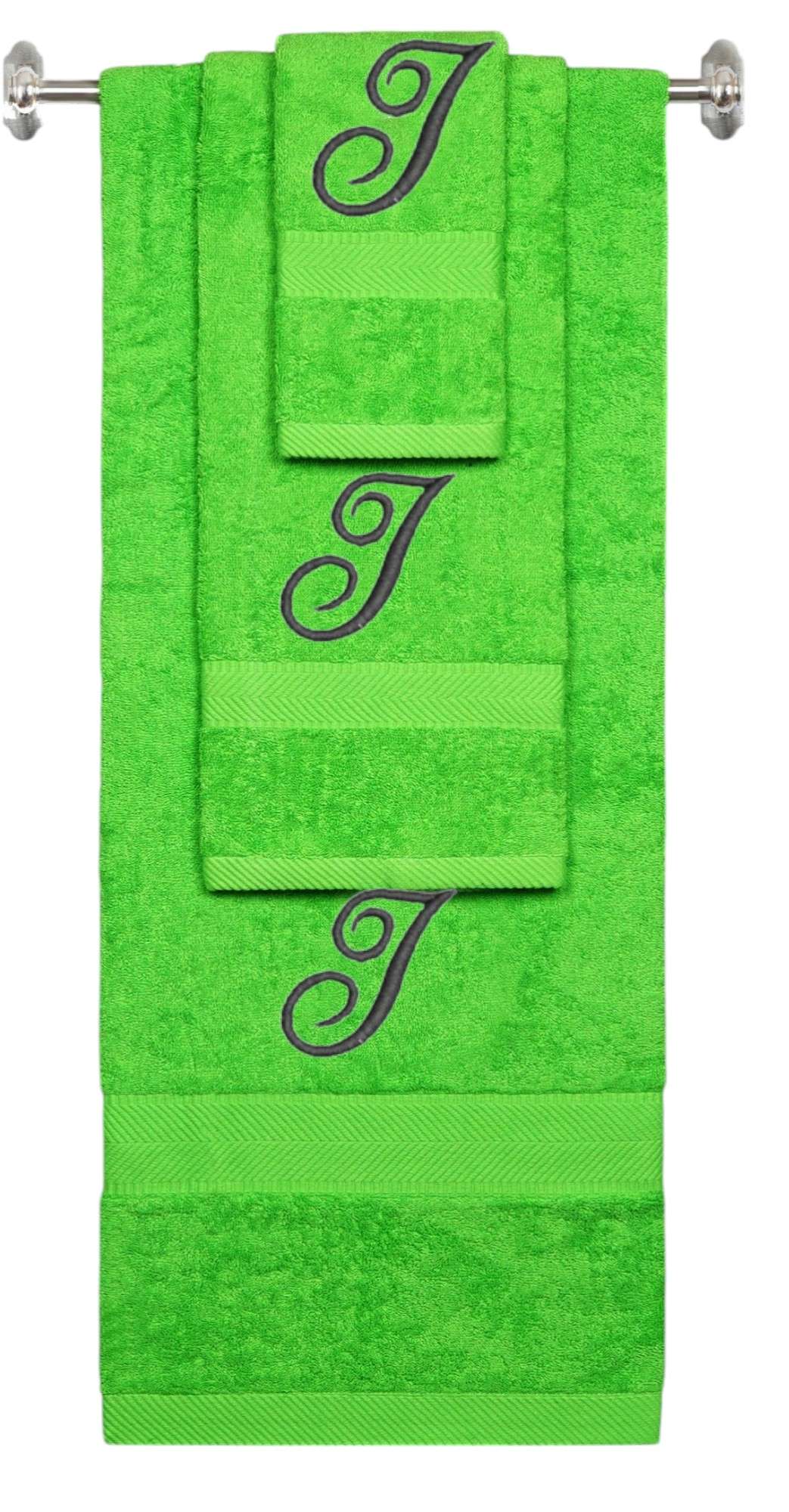 Lime monogrammed towel set with Black thread, Diana Script font, initial I - 540 GSM cotton 3-piece