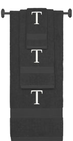 Charcoal monogrammed towel set with White thread, Times New Roman font, initial T - 540 GSM cotton 3-piece