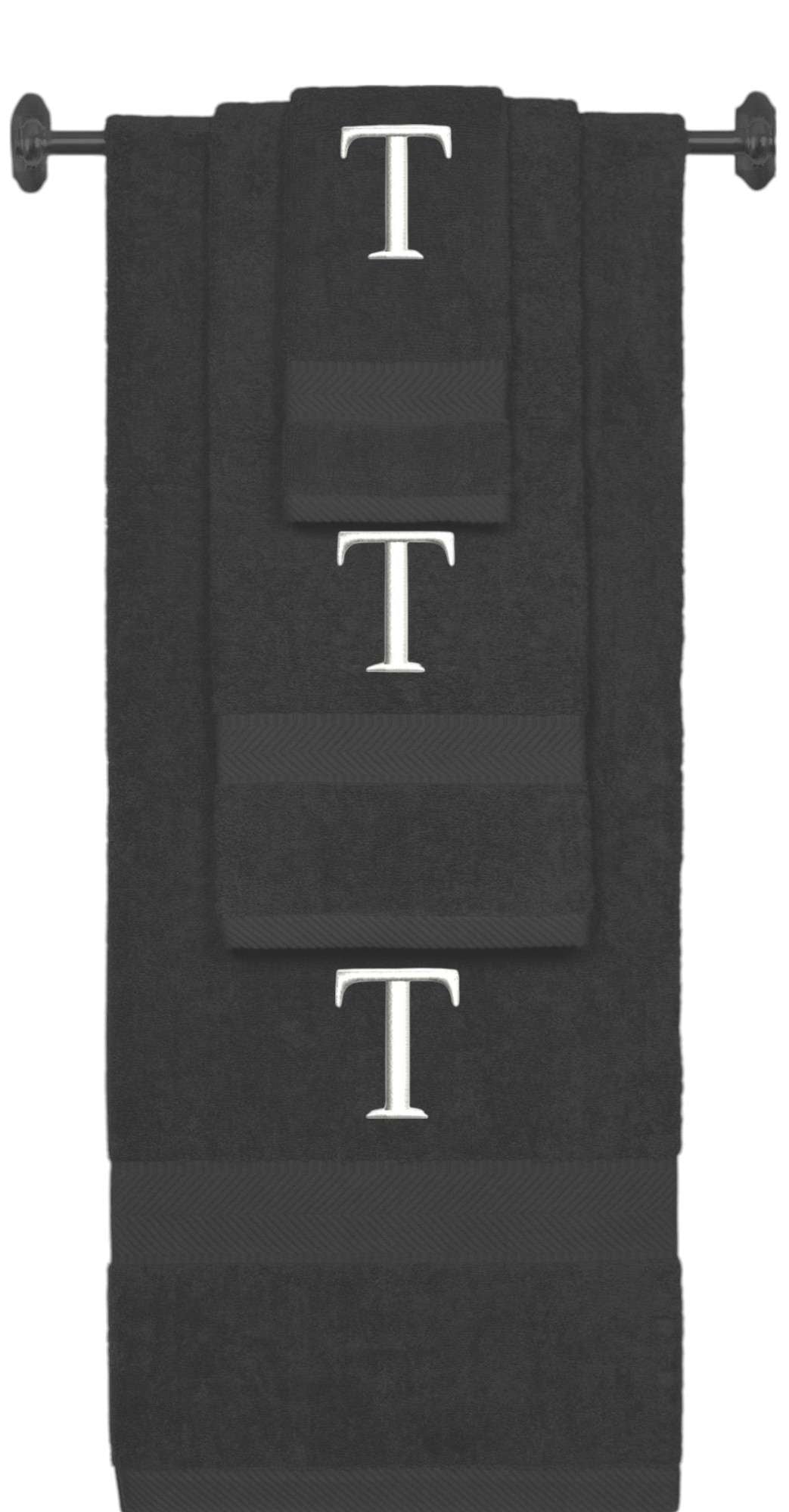 Charcoal monogrammed towel set with White thread, Times New Roman font, initial T - 540 GSM cotton 3-piece