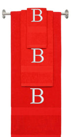 Red monogrammed towel set with Silver thread, Times New Roman font, initial B - 540 GSM cotton 3-piece