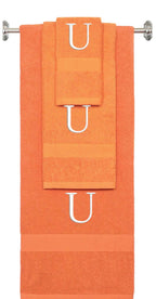 Orange monogrammed towel set with White thread, Times New Roman font, initial U - 540 GSM cotton 3-piece