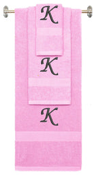 Pink monogrammed towel set with Black thread, Chancery font, initial K - 540 GSM cotton 3-piece