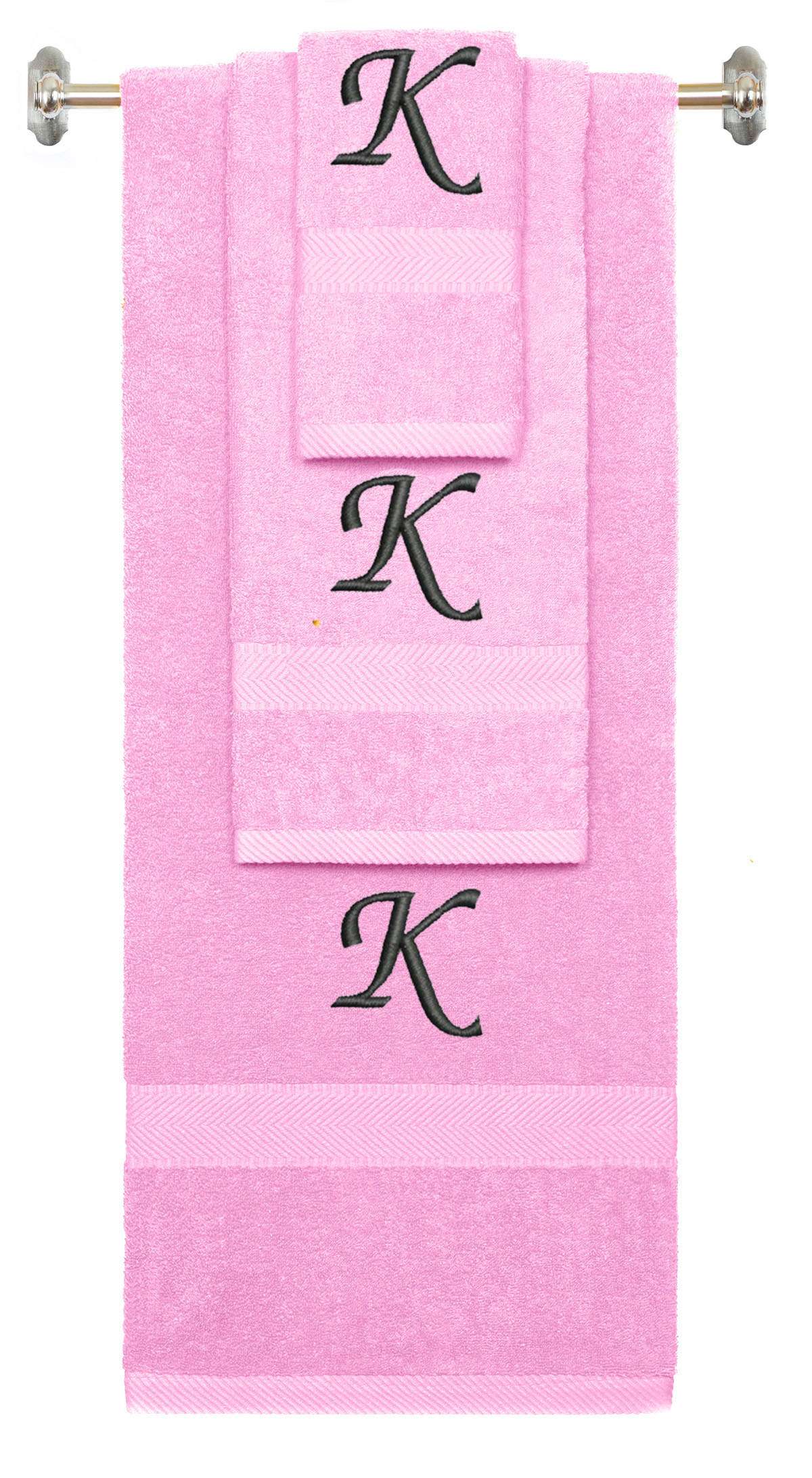 Pink monogrammed towel set with Black thread, Chancery font, initial K - 540 GSM cotton 3-piece